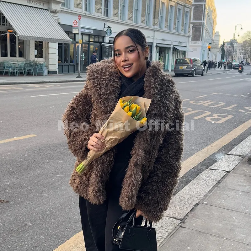 Neo mint 2025 lulicore chocolate marrom lapela gola jaqueta de pele do falso casaco feminino inverno grosso isolamento forro casaco de pele de cordeiro