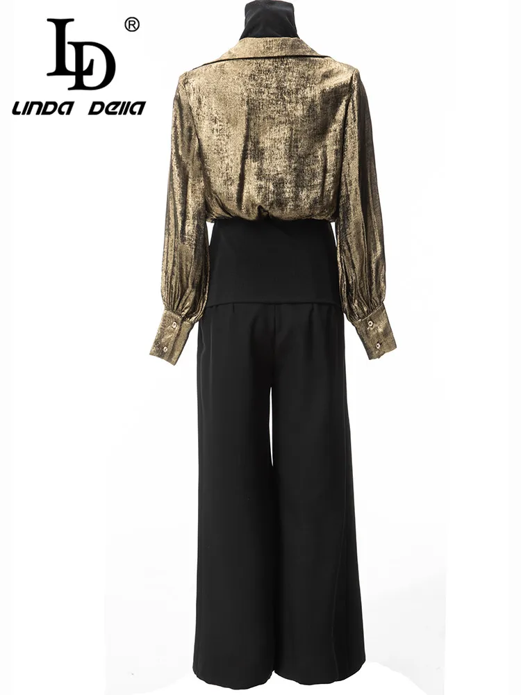 LD LINDA DELLA Autumn Winter korean Fashion Trousers Set Women Golden Splice Sweater Top+Button Straight Trouser 2 Pieces Set