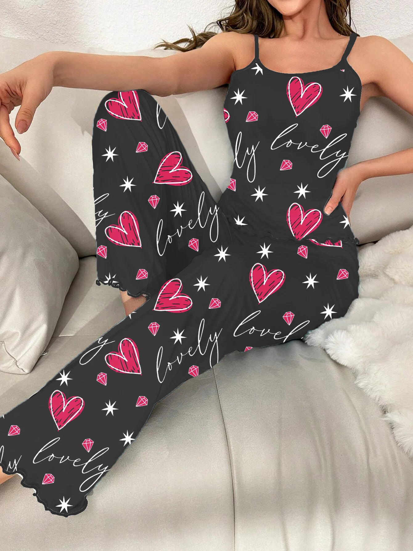 

Женский топ без рукавов с принтом сердца и брюки, пижамный комплект из 2 предметов, элегантный топ на бретельках и брюки с эластичной одеждой для дома