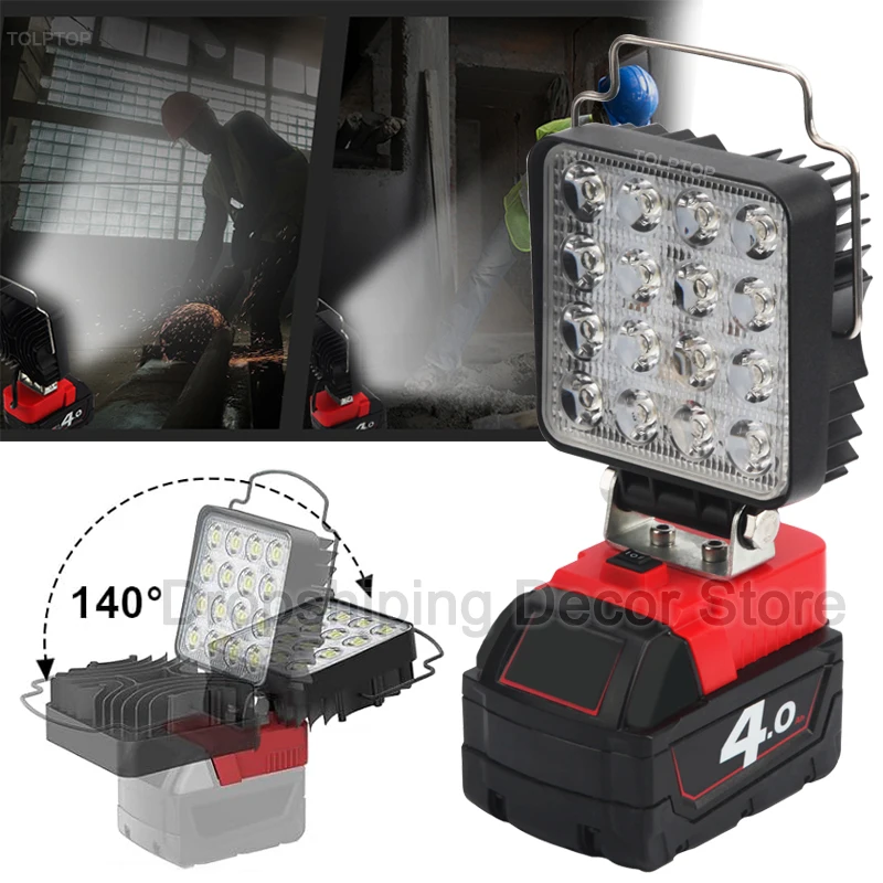 

Portable LED Work Light with Hook for Milwaukee 18V Lithium Battery Cordless Flood Light Workshop Emergency Camping lighting