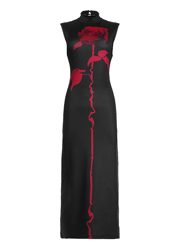 FabGirls k Romantic Rose Print High Collar Svel Dr Versatile Slimming Long Dr Commute Vintage Floral High Wais...