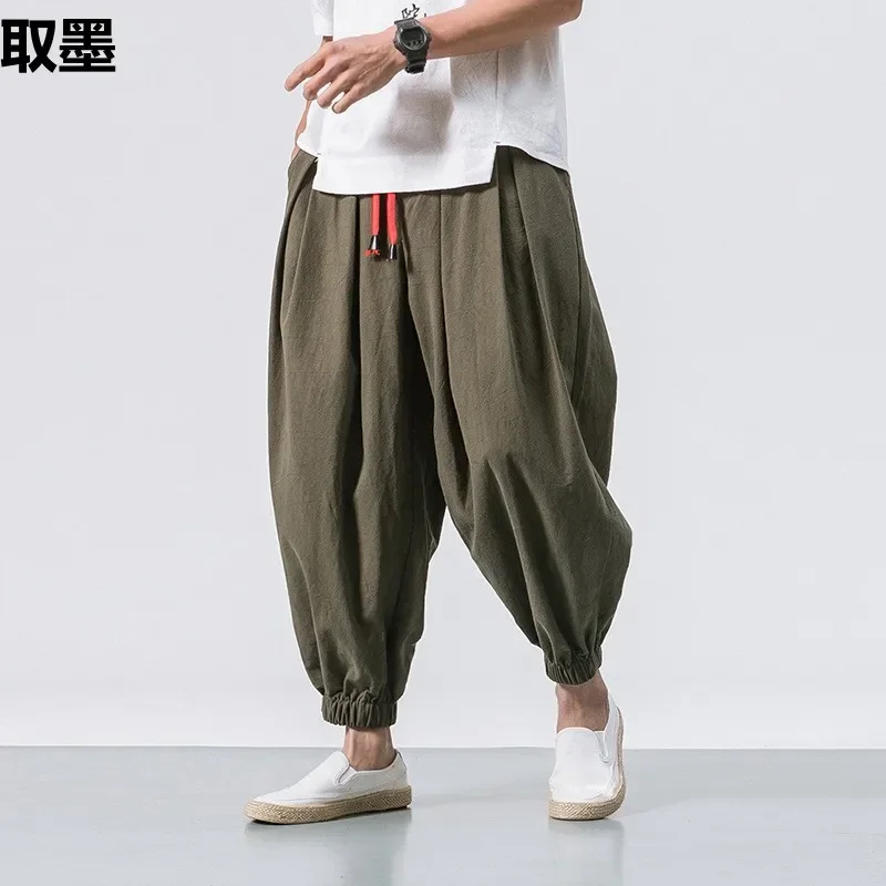 2024 New Men's Loose-Fit Cotton Linen Bloomers Bell Bottoms Harajuku Style Casual Pants Wholesale