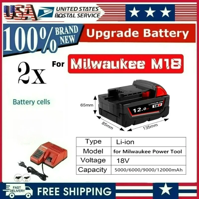 

For Milwaukee M18 12000mAh 18V Li-ion Rechargeable Battery M18B5-XC For Milwaukee 18V Tool 12.0Ah Replacement Battery Charger