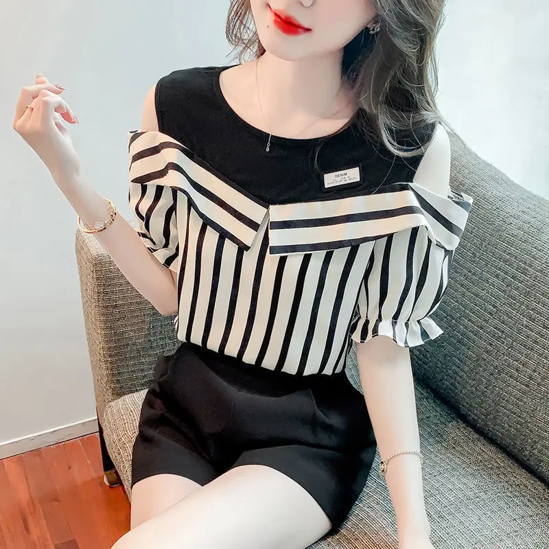 Women\'s Fashion Korean Striped Printed Off Shoulder Shirt Summer All-match Casual Two Piece Set Spliced Blouse Female Clothing