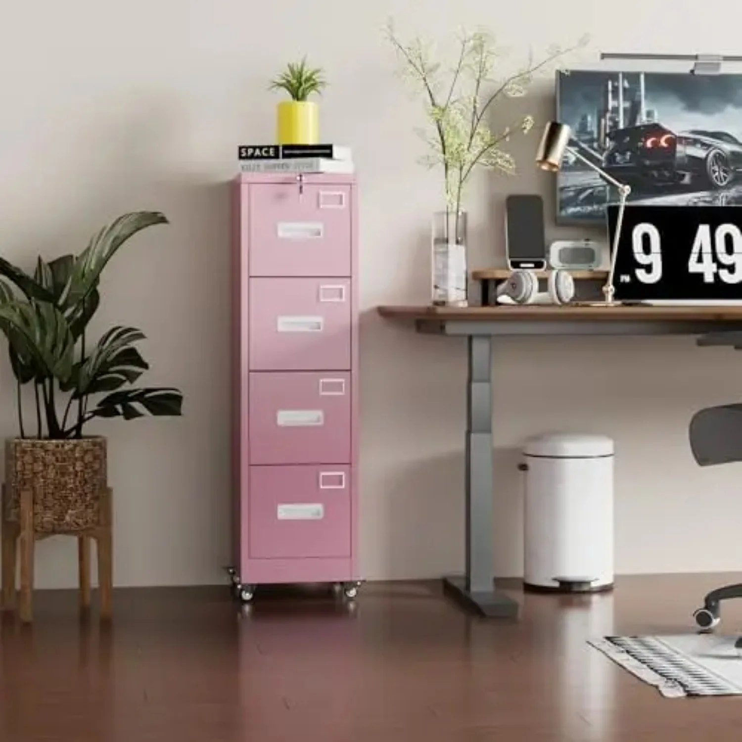 4 Drawer File Cabinet with Lock, Metal Vertical Filing Cabinet with Wheels, Anti-Tilt Interlock System, Locking Office