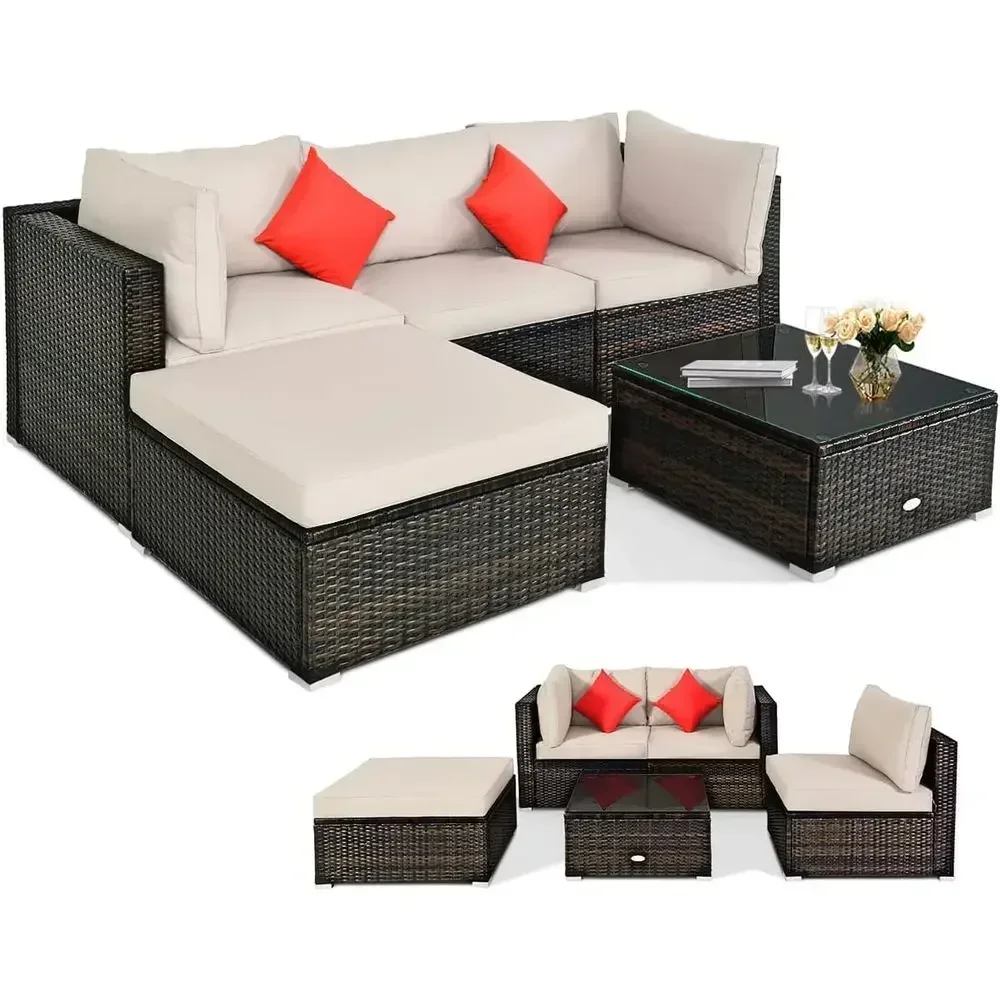 5-Piece Outdoor Wicker Sectional Sofa Set with Tempered Glass Table, Cushions, Ideal for Patio, Porch, or Balcony, Beige