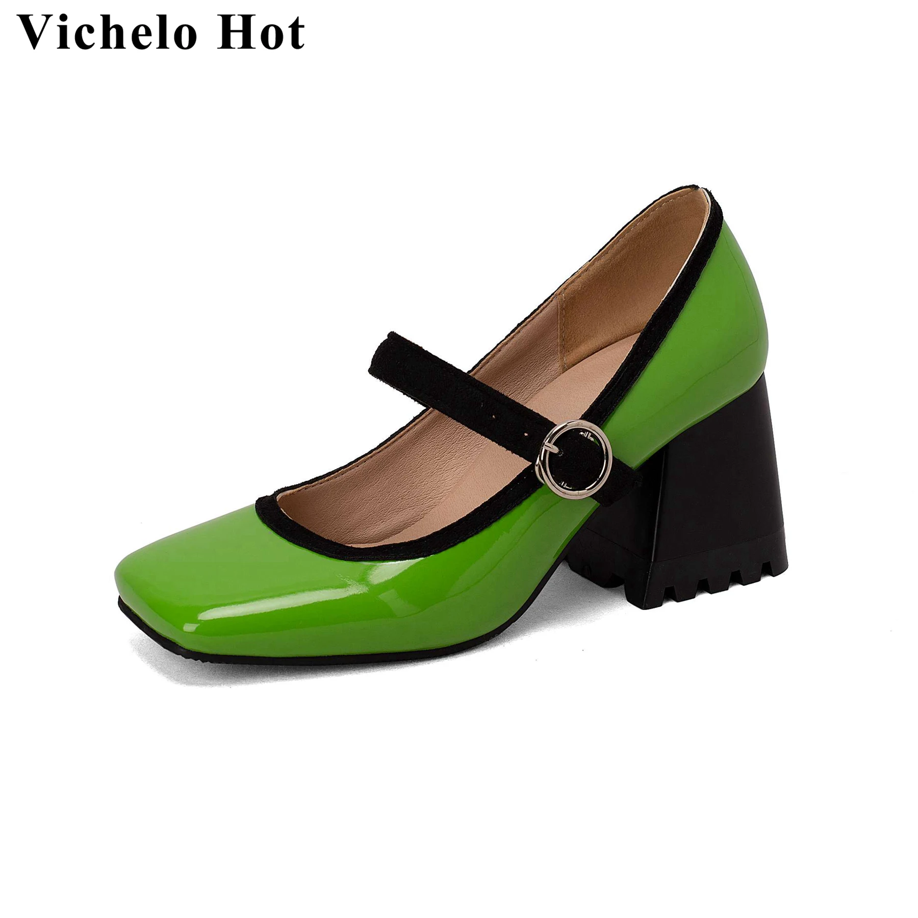 

Vichelo Hot New Arrival Patent Leather Square Toe Mary Janes Sweet Colorful High Heels Spring Autumn Shoes Party Ins Women Pumps