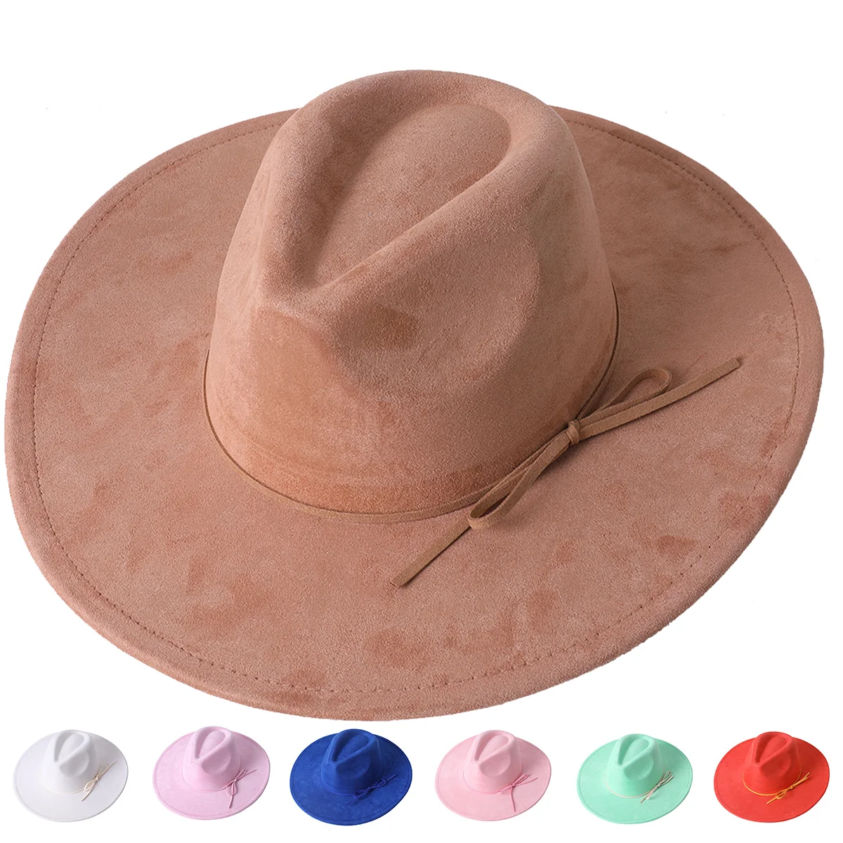 ผู้หญิงหมวกหนังนิ่ม 9.5 ซม.Bow Tieเชือกหมวกผู้ชายและผู้หญิงคู่Big Eaveหมวกขอบแบนหมวกแจ๊สเกาหลีпка