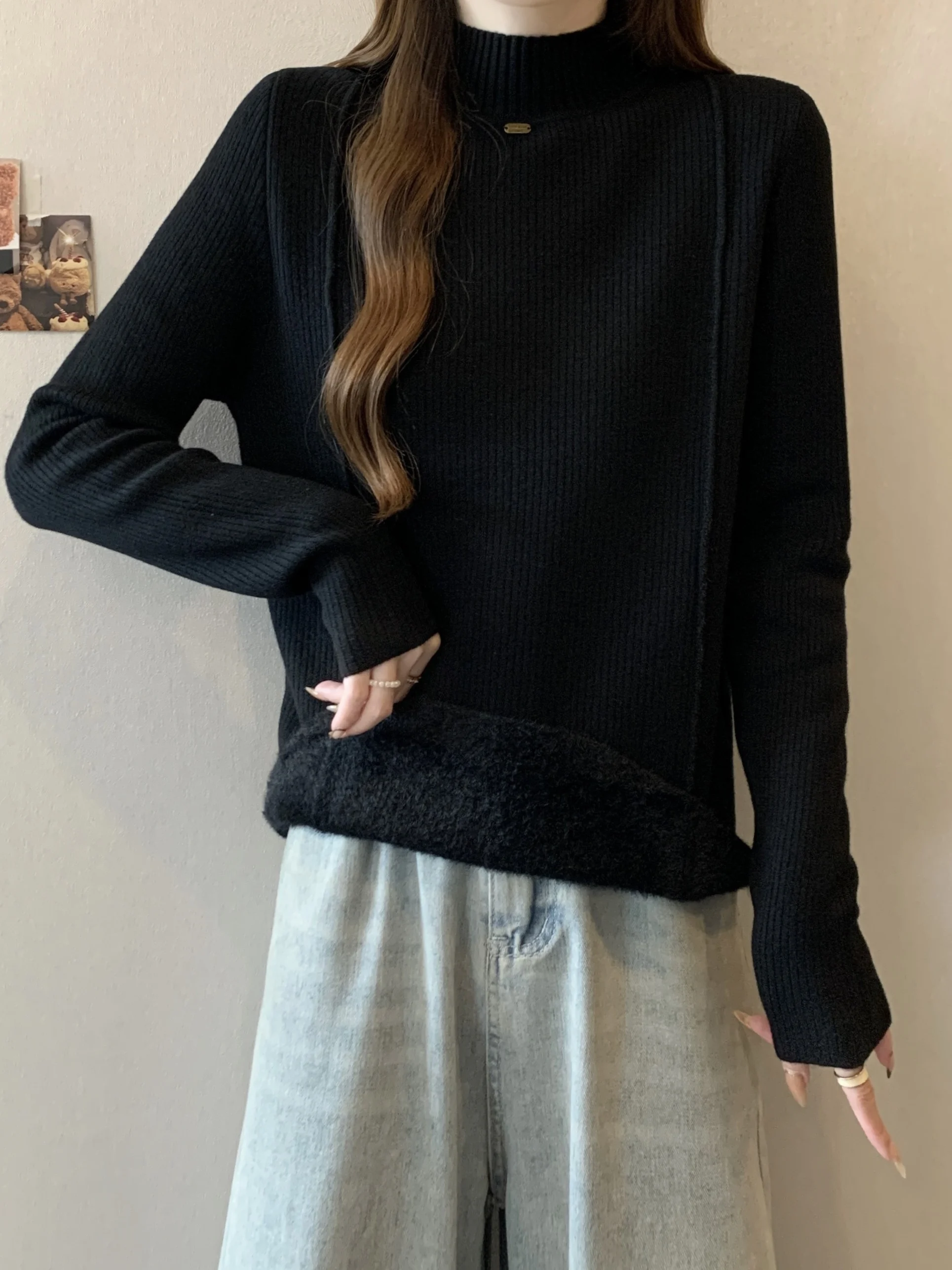 

Женский вязаный свитер больших размеров с высоким воротником, на флисовой подкладке, утепленный, корейский стиль, базовый слой для похудения