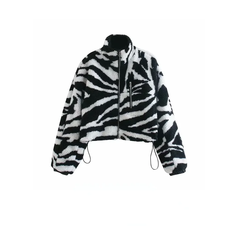 

Zebra Lamb Fur Women Coats Winter Turtleneck Long-Sleeved Drawstring Short Empired Striped Casual All Match Female Outwear Tops