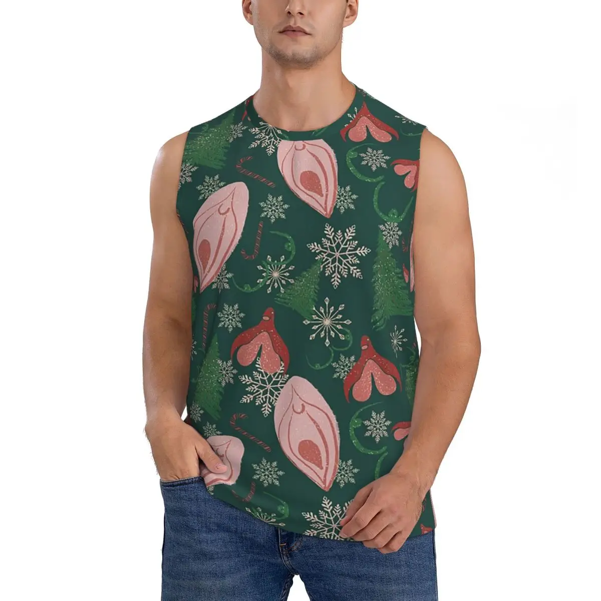 Christmas Vulva Pattern Green Men Sleeveless Tank Tops Quick Dry Breathable Gym Fitness Running Summer Casual Sport Vest