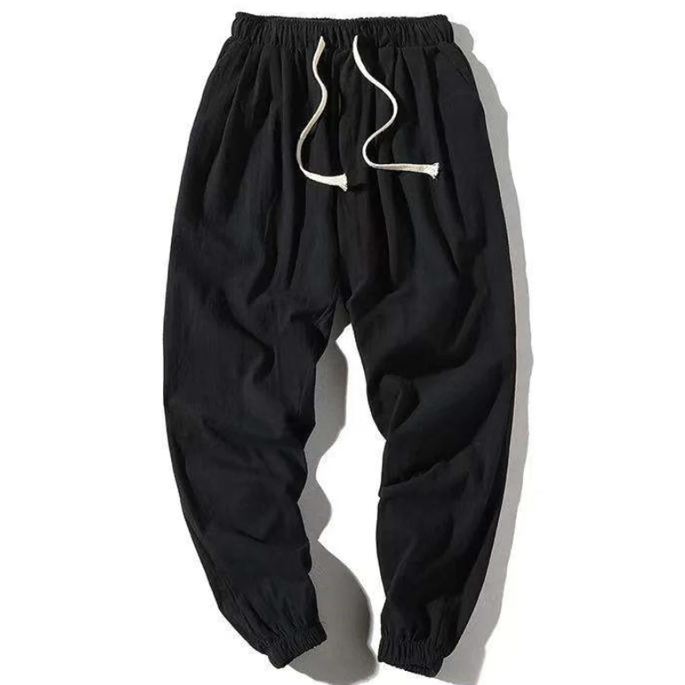Retro Styled Men Cuffed Pants with Faux Linen Texture Loose Fit Ankle Length Straight Cut Casual Sweatpants Trousers