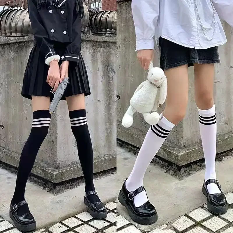 Lolita Cosplay Girls Sexy Medias Black White Striped Long Socks JK Women Velet Thigh High Over The Knee Stockings Knee High Sock