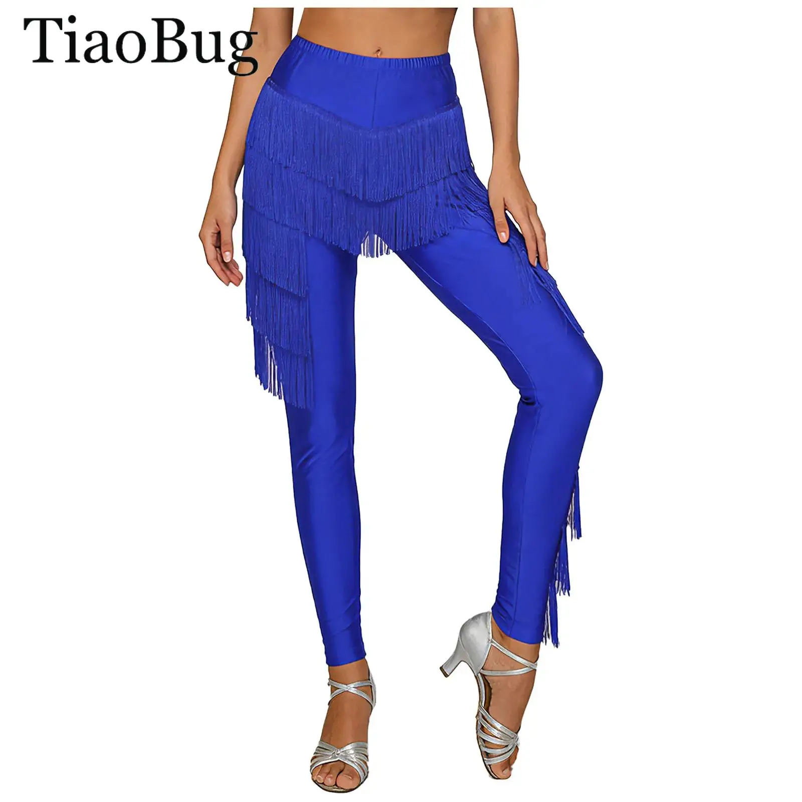 

Womens Latin Dance Fringe Long Pants Tiered Tassel Elastic Waistband Leggings Trousers Tango Cha-cha Dance Performance Costume