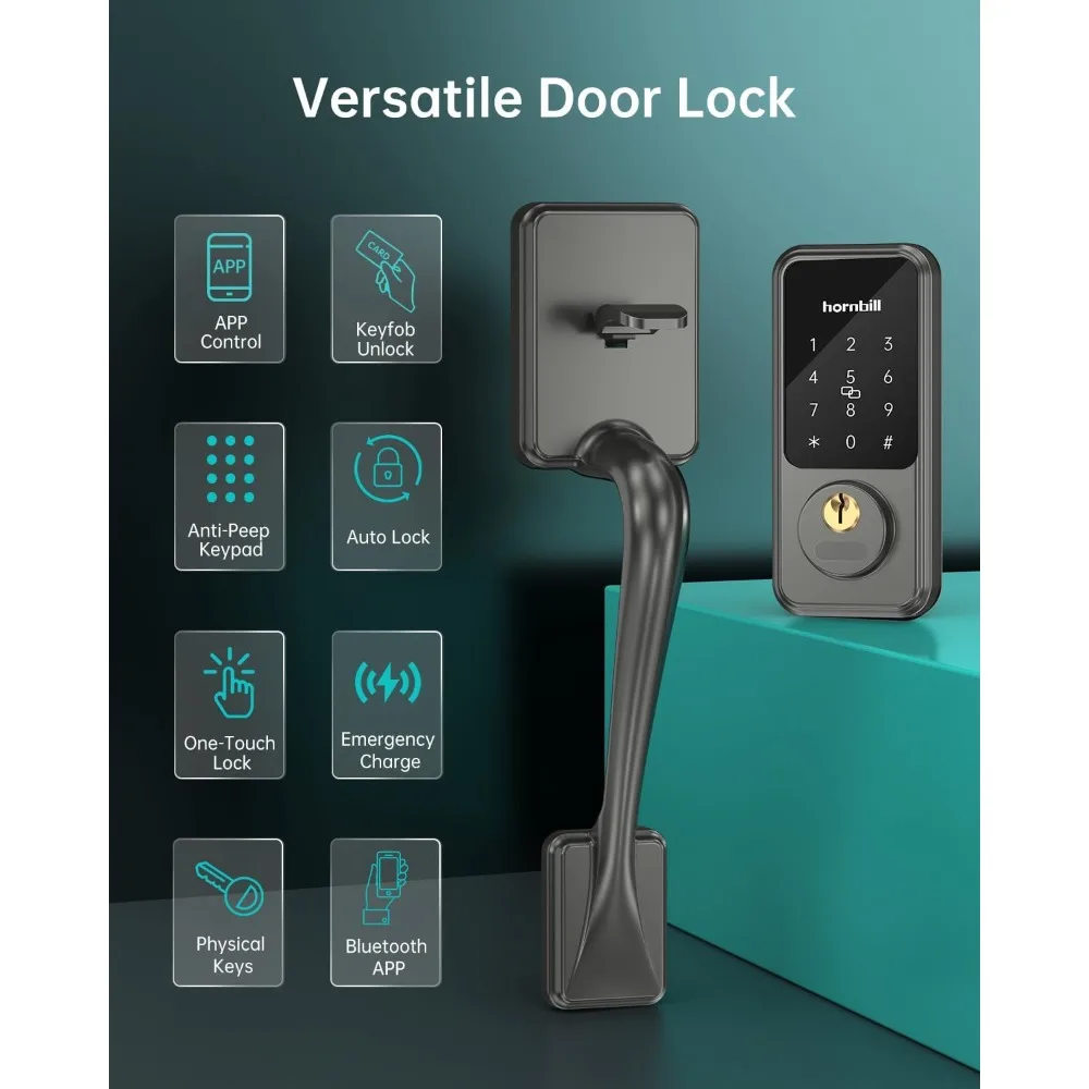 Alexa Front Handle Set, Keyless Entry Door Lock with Handle, Hornbill Smart Front Door Set, Electronic Keypad Deadbolt, Digital