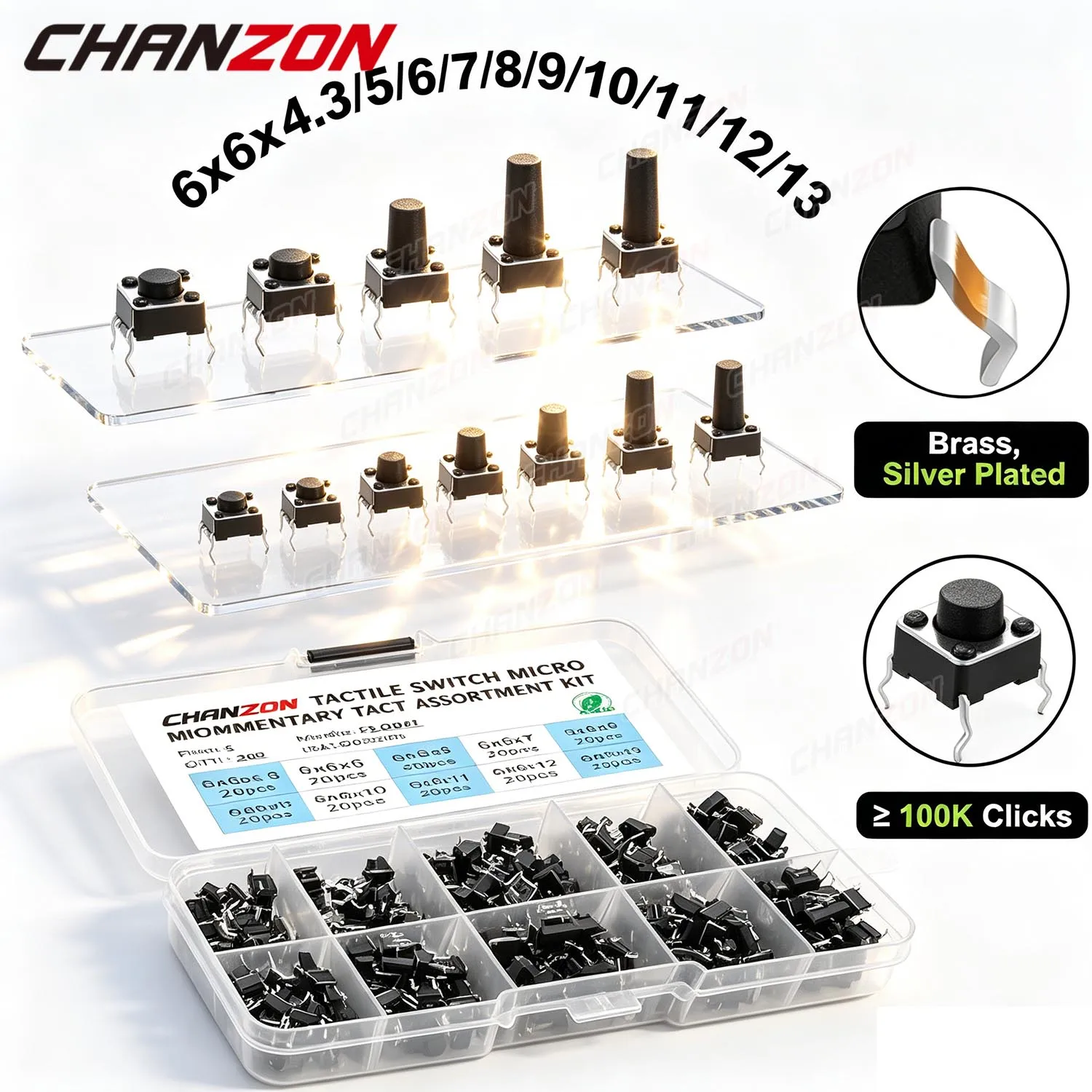 6x6mm Tactile Switch Touch Button Kit Micro Push Mini Pushbutton Toggle Pcb Momentary 4 pin Push-button Set Brass Plated 200Pcs
