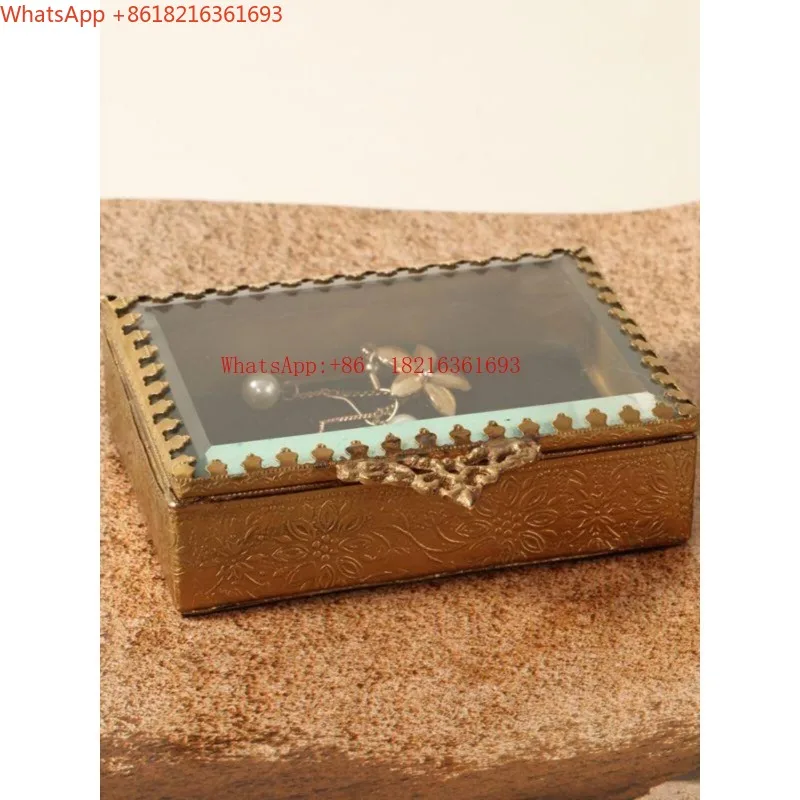 Imported American Jewelry Storage Box, Earrings, Retro and Old Glass Relief Brass Cosmetic Room Desktop Ornament