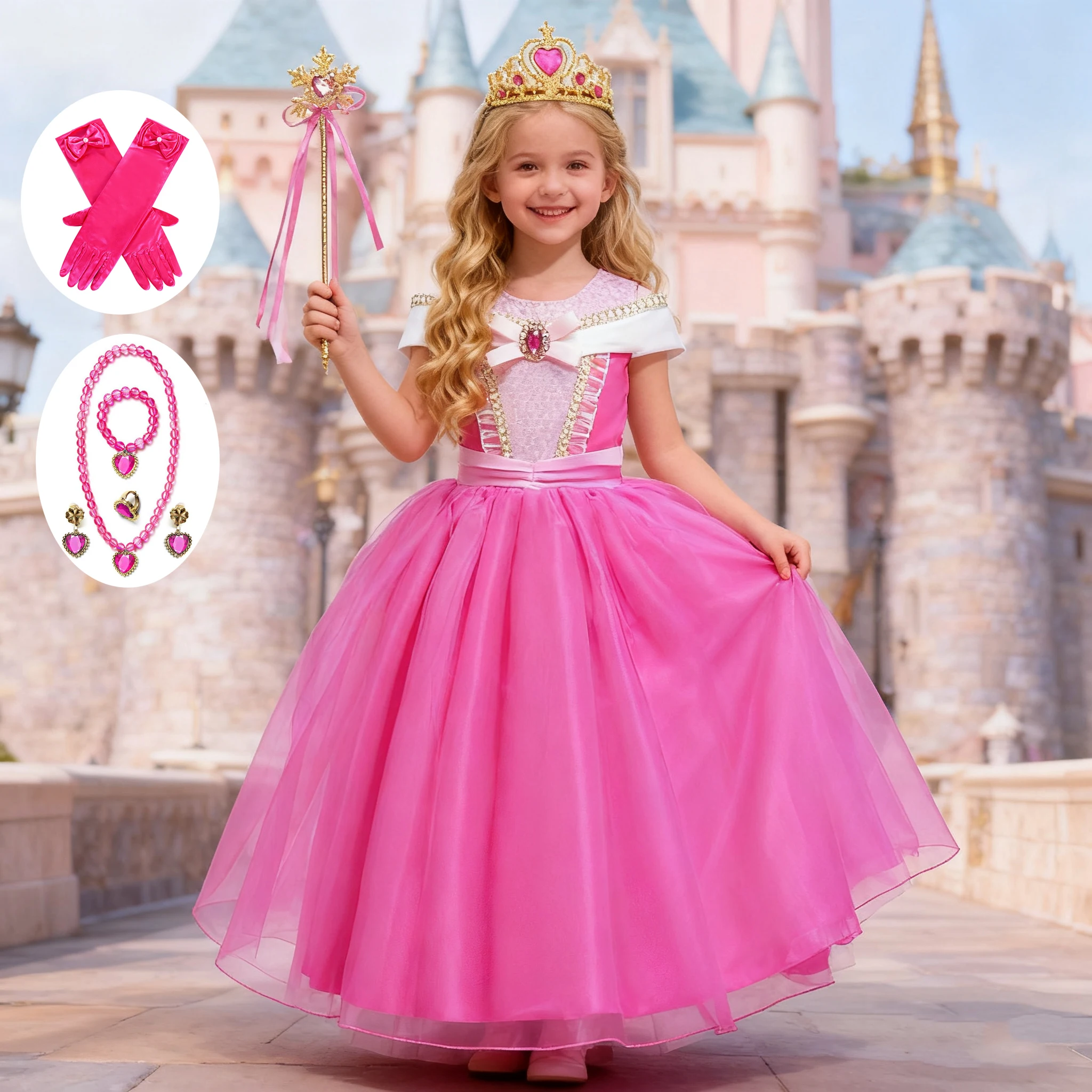 Abito rosa per ragazza Aurora Costume cosplay per bambini Principessa Deluxe Outfit Festa di compleanno per bambini Elegante abito da ballo Set di travestimenti da fata