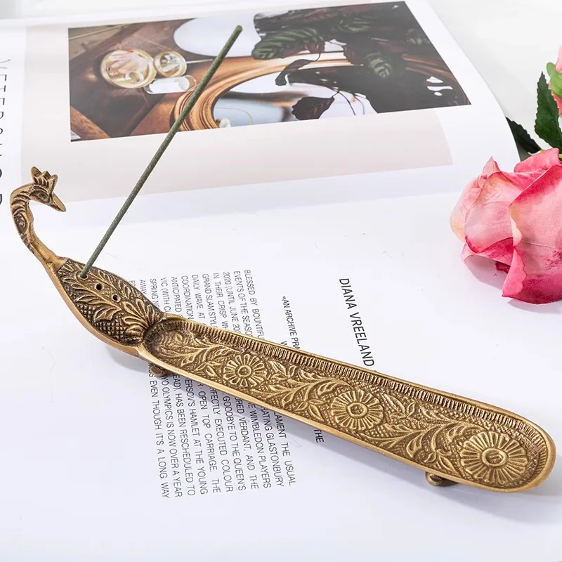 Home retro imported handmade brass Peacock incense ornaments scented agarwood Zen incense holder