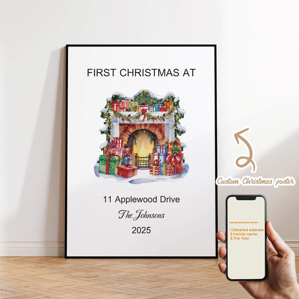 

1pcs Personalized Custom Name Christmas Party Fireplace Wall Art Print Picture For Christmas Living Room Kids Home Decor Gift