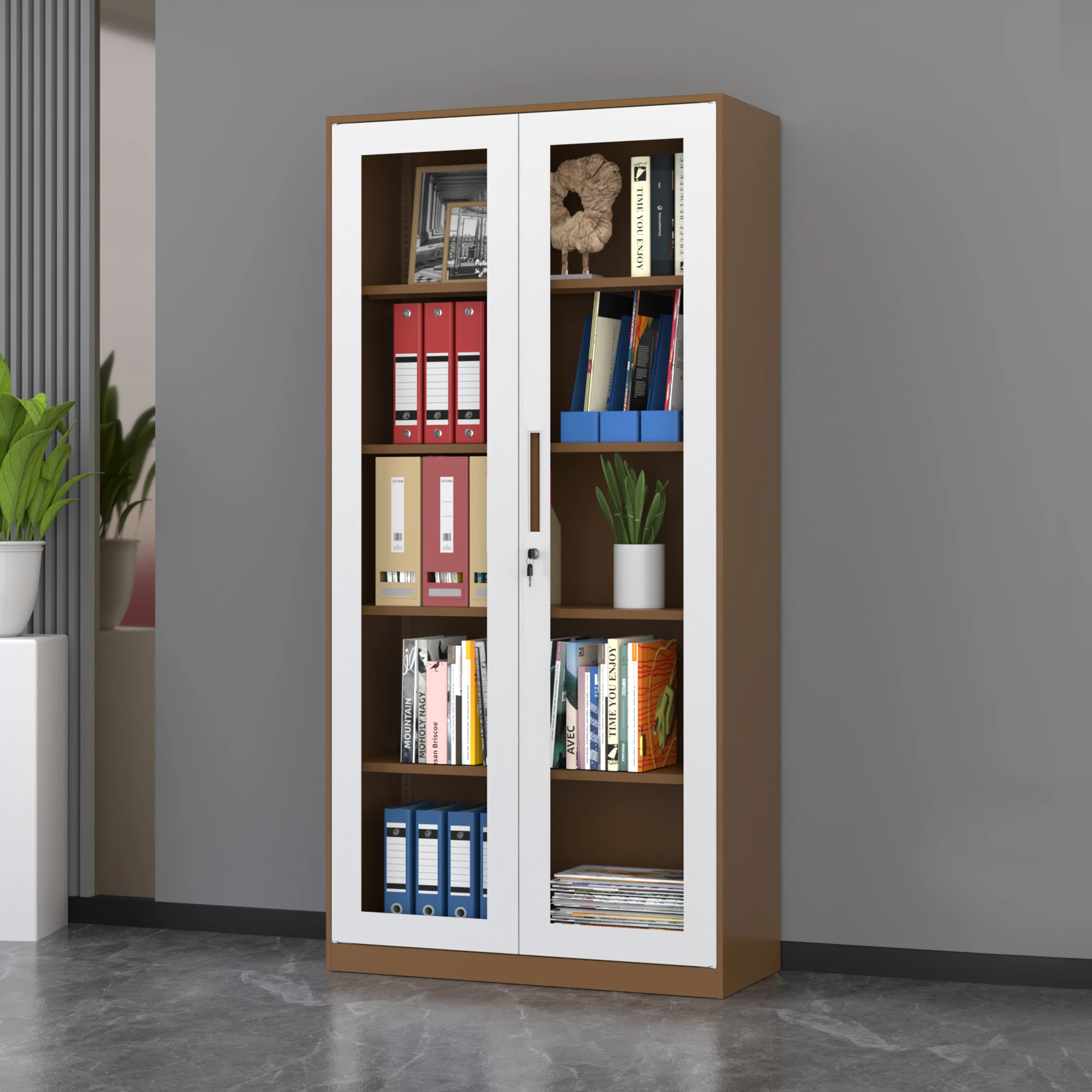 Double Door Steel File Cabinet With Glass Door And Security Lock For Locking Home Office And Workshop Office Storage