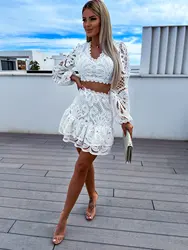 EINYOO damska koronka z dekoltem w szpic Crop Top z wycięciem Sexy Temperament formalna moda haft spódnica na co dzień sukienka zestaw Traf Zevity Y2K