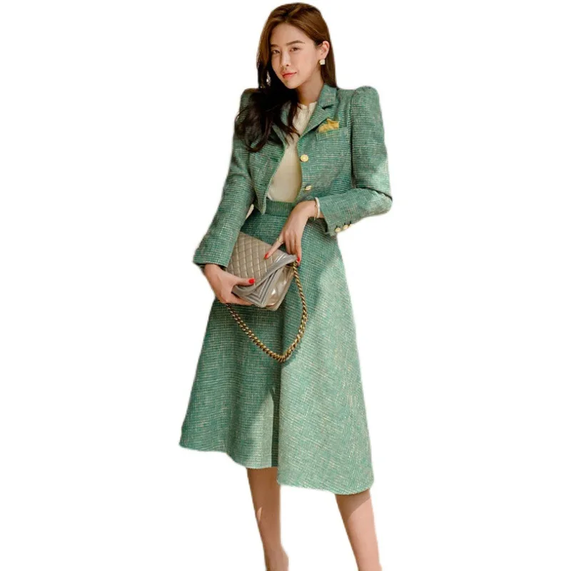 

Women's Sky Green Tweed Coat+High Waist Slim Fit Half Skirt 2 pcs Set New Spring and Autumn Season Fragrant Style Set