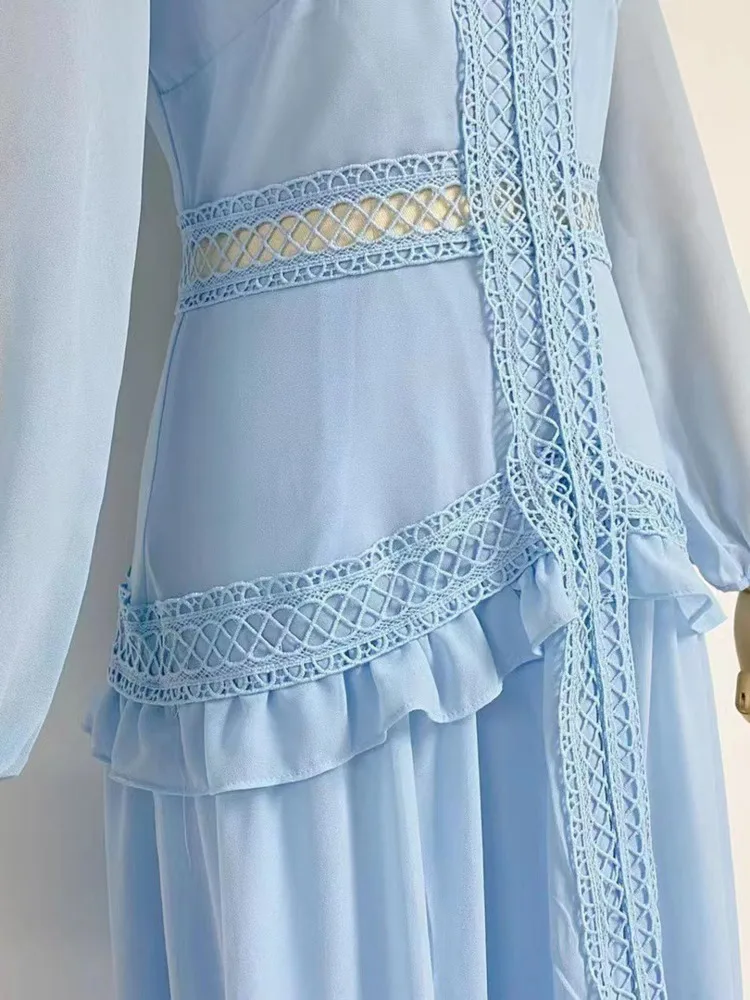 LGRQ abito da donna in Chiffon con scollo a v moda scollo a v vita scava fuori pizzo Patchwork maglia prospettiva abiti 2024 estate nuovo 19 zz517