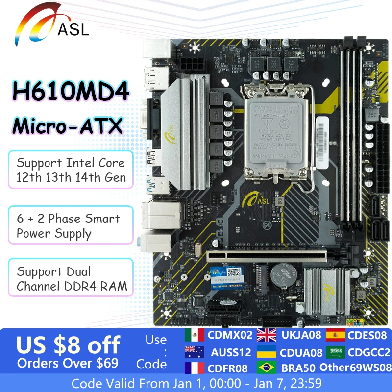 ASL H610M M-ATX Support LGA 1700 Intel Core 14th 13th 12th Gen Processor Motherboard DDR4 M.2 Slot PCI-E 3.0 USB 3.2 GbE LAN