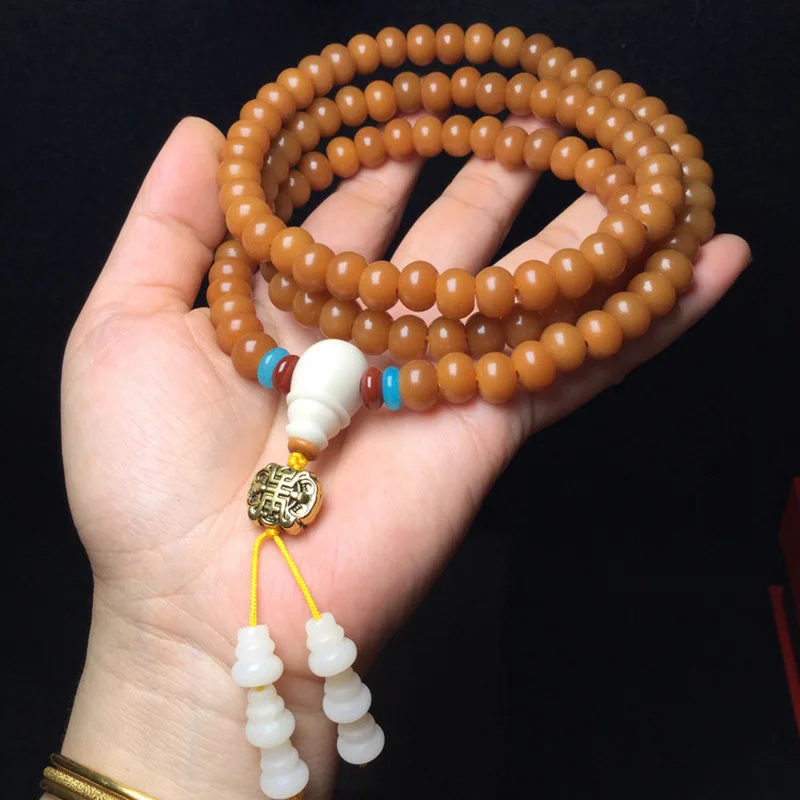 Weathered Bracelet Necklace, 108 Yellow Beads, Old Bodhi Root