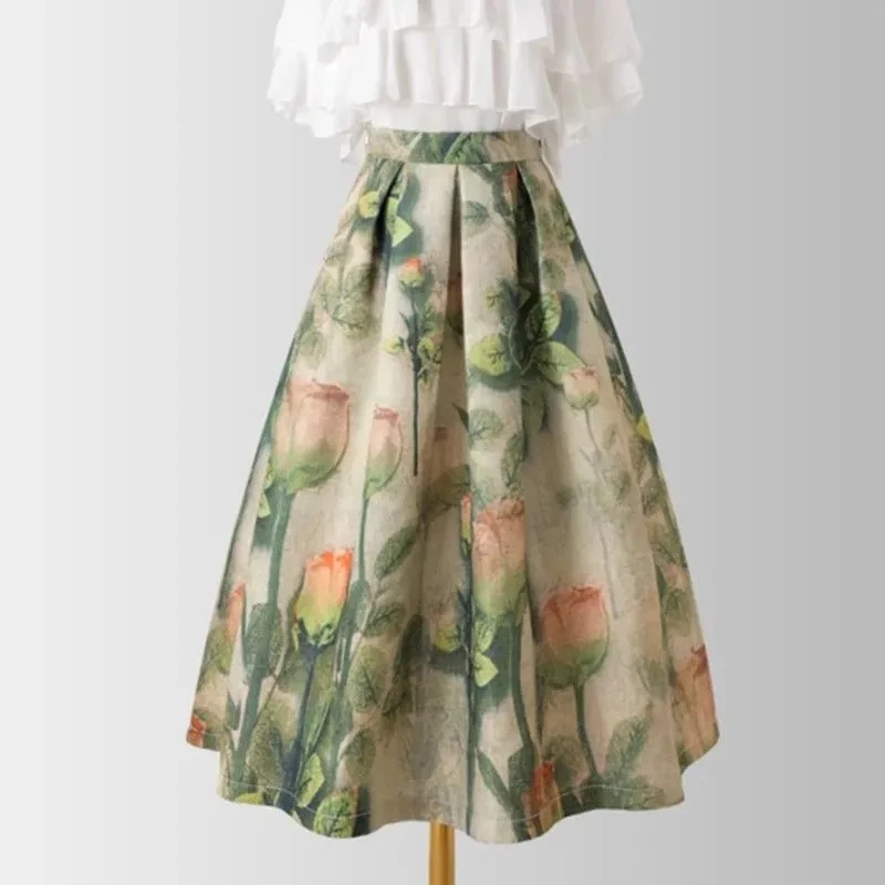 

Green Floral Painting Chic High Waist Ball Gown A-line Loose Women's Skirt Knee-Length Long Skirts For Women Clothing Fashion