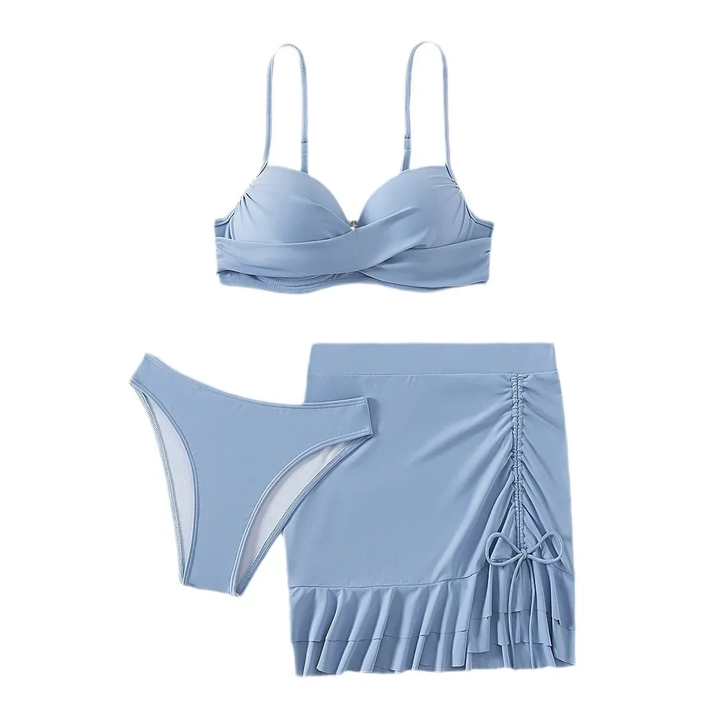 Himmelblauer dreiteiliger Badeanzug für Damen, einfarbig, V-Ausschnitt, Bügel-Bikini-Set, Strandurlaub, Hosenträger, rückenfreie Badebekleidung, 2025