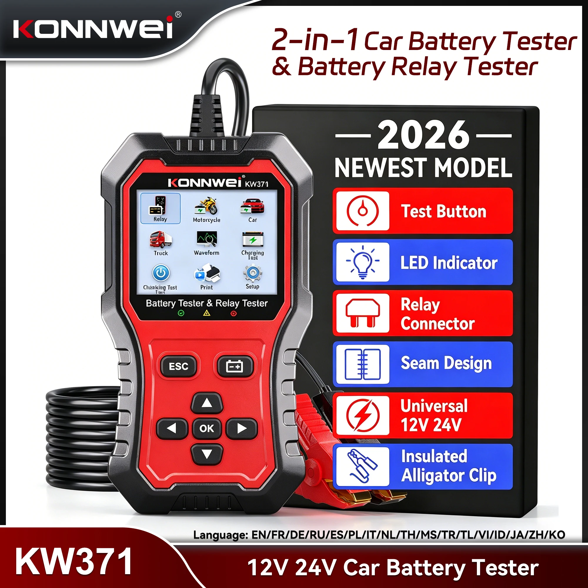 2026 KONNWEI KW371 Autobatterietester & Auto-Relaistester 6V 12V 24V Auto-Batterieanalysator Lasttest-Werkzeuge Auto-Diagnosegeräte