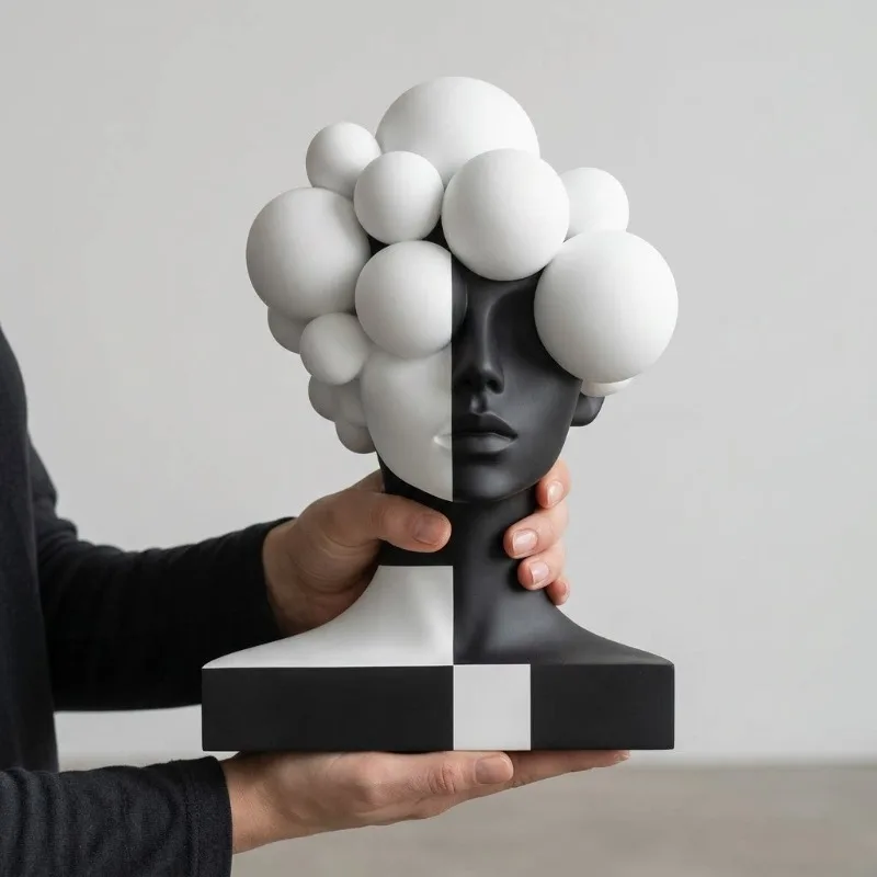 Modern Abstract Resin Sculpture – Black & White Geometric Face Figurine for Home Decor