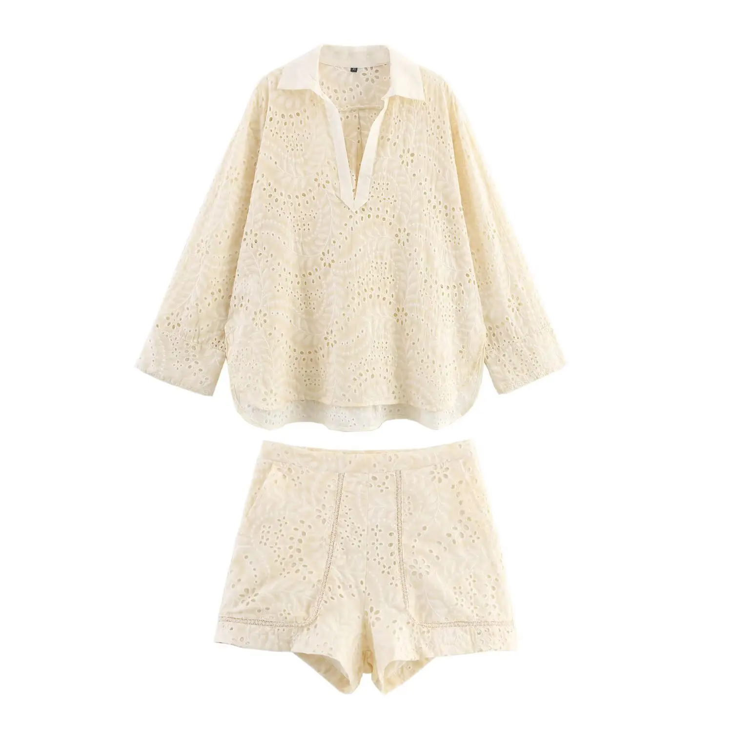 

Solid Hollow Out 2 Piece Set Women V Neck Long Sleeve Pullover Blouse+Shorts Summer Simple Casual Fashion Pocket Shorts Sets New