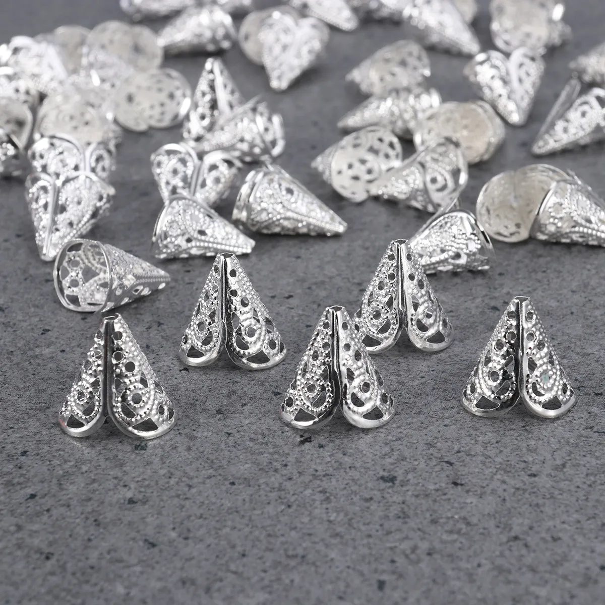 50Pcs Silver Hollow Filigree Flower Bead Caps Umbrella Shaped Metal Cone Bead Covers for DIY Necklace Bracelet Earring Craft