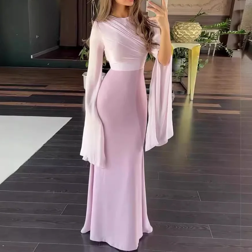 Dress Women Muslim Long Dresses A Line Round Neck Full Sleeve Maxi Tight High Waist Slim Fit Sexy Elegant Splice Vestidos largos