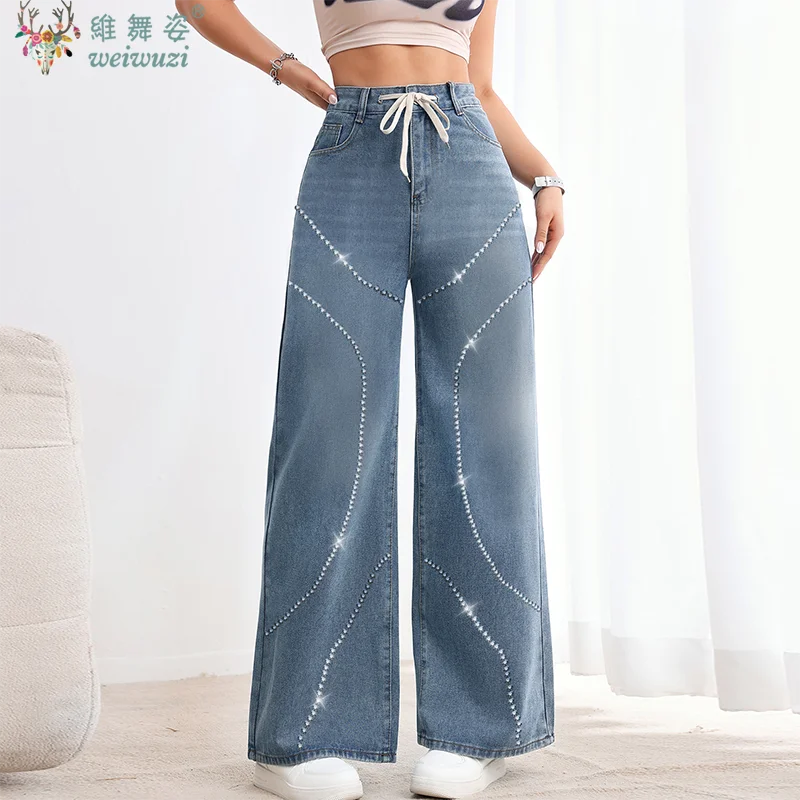 

Элегантные женские джинсы с бисером, осенние джинсовые брюки Y2k с высокой талией, универсальные повседневные широкие джинсовые брюки, уличная шикарная уличная одежда