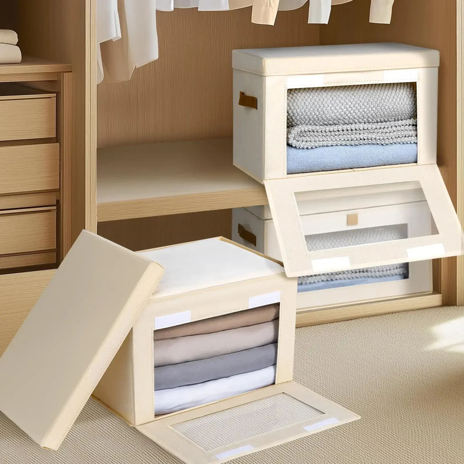 2Pcs Beige Large Foldable Fabric Storage Bins with Lids Expandable Closet Clothes Organizer Boxes with Clear Window & Handles Collapsible Wardrobe Container for Bedroom Sweaters Living Room Organization