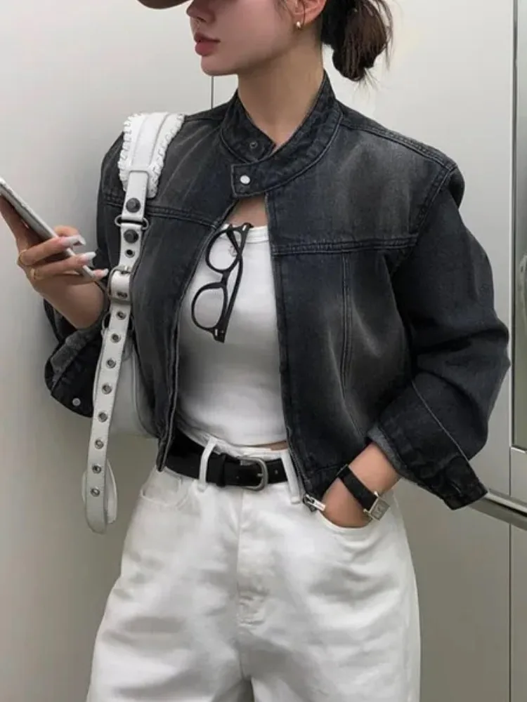 

Retro Waed White Zipper Stand Collar ort Denim Jaet Chic Spring Hong Kong Sle Personalized Women's Faion Outerwear