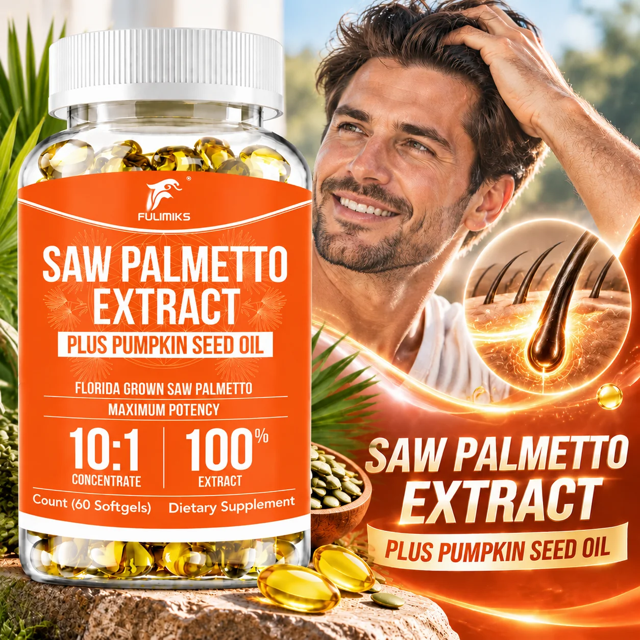 Saw Palmetto Extract Supplement, with Pumpkin Seed Oil, Support Prostate & Bladder Health, Urinary Frequency, Hormonal, Energy