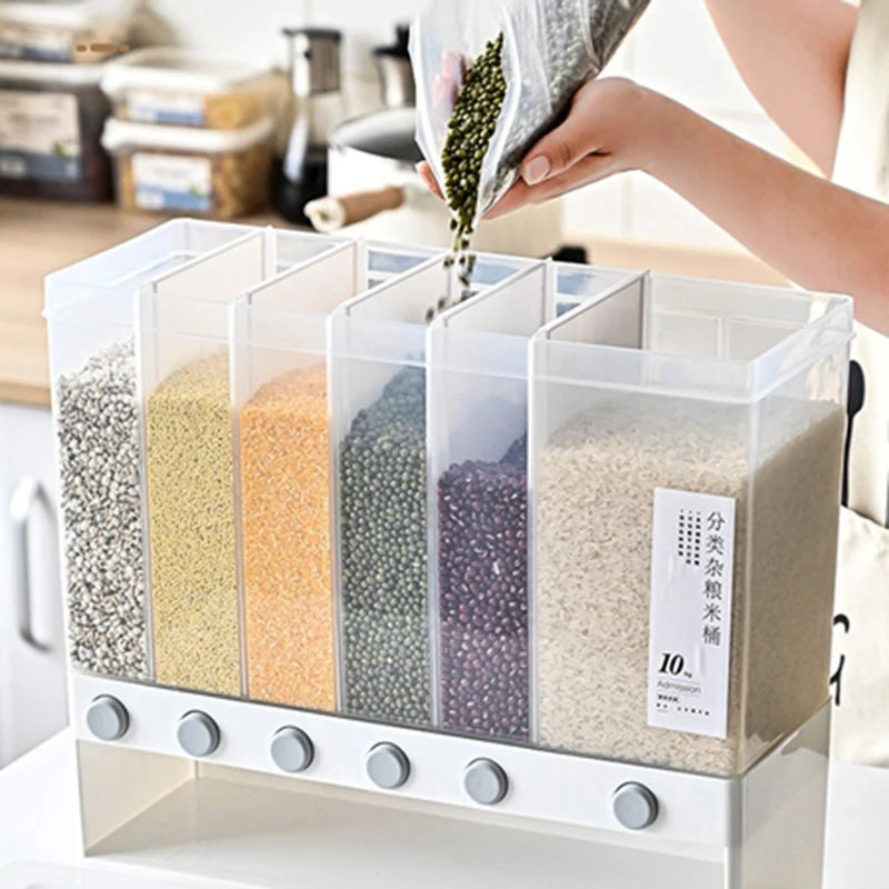 Organizers for Kitchen Rice Dispenser Food Storage Box Cereals Pantry 10L Wall Mounted Separate Rice Bucket Cereal Dispenser