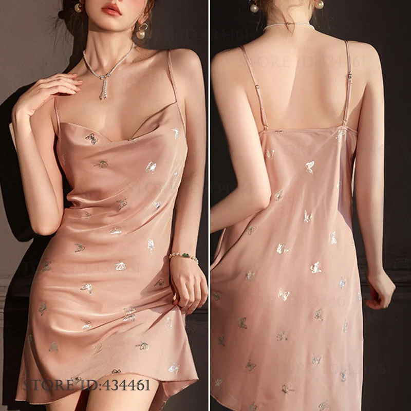 

Sexy Suspender Nightgown Lingerie Summer New Female Chemise Sleepwear Nightdress Bronzing Butterfly Sleeveless Nightie Homewear