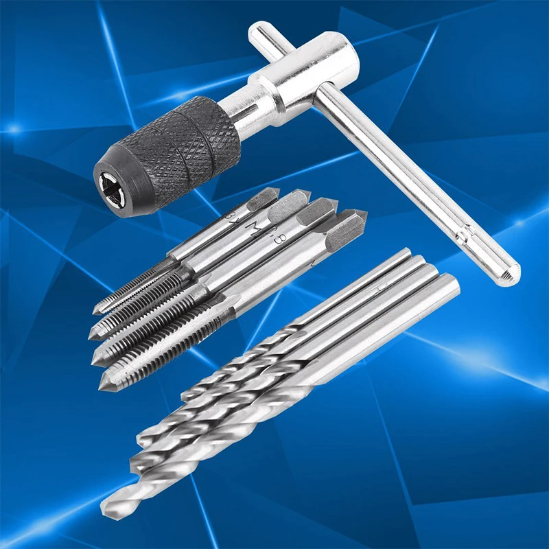 Portable 9pcs T-type Wrench Drill Set Hand Tapping Tools Machine Screw Thread Tap Twist Bit M3/M4/M5/M6/M8 Tap Set DIY Tool