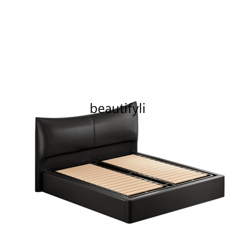 Italian Minimalist Leather Master Bedroom Soft Bag Edging Bed First Layer Cowhide Solid Wood Double Leather Bed