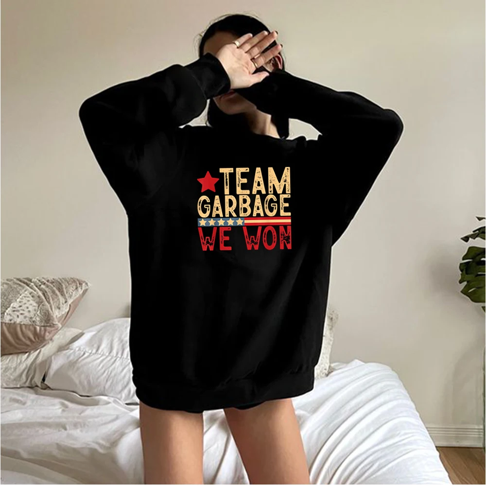 Trump Crew Neck Sweatshirt Team Garbage We Won Text Flag Print Simple Style Streetwear Pullover For Men Women Birthday Gift