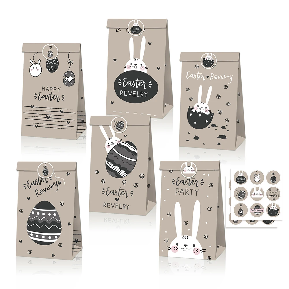 LB150 12Pcs Grey Happy Easter Day Egg Festival Birthday Party Biscuit Kraft Paper Gift Bags with Stickers Rabbit Party Decors