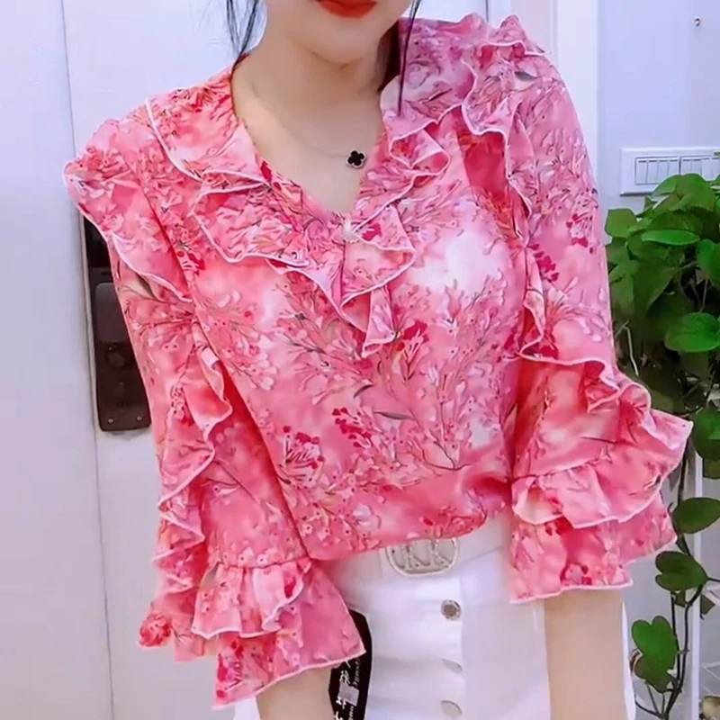 Elegant V-Neck Button Ruffles Printed Butterfly Sleeve Blouses Women\'s Clothing 2024 Summer Loose Chic Tops Office Lady Shirts