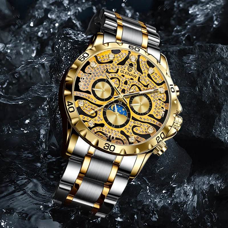 GLENAW NEW Gold Skeleton Watch for Men Fashion Diamond Luxury Automatic Mechanical Watches Luminous Hands Stainless Steel Strap