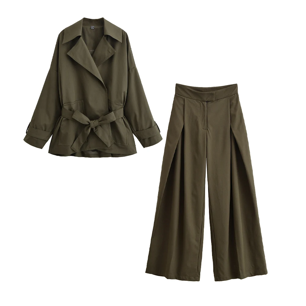 

Women's new fashion with Belt loose pleated waist casual lapel Windbreaker coat long sleeved women's coat chic top+Pants suit